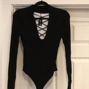 New Express Black Long sleeve stretch material thong Bodysuit  Large